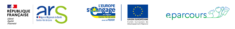 Logos République Française, agence régionale de santé, Centre-Val de Loire, l’Europe s’engage, Union Européenne, e-parcours. 